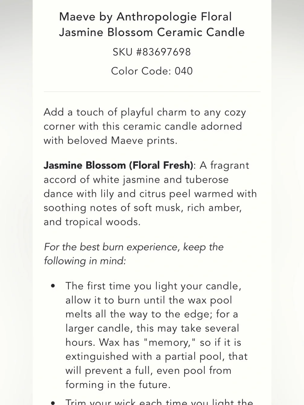 Anthropologie‎ Floral Jasmin Blossom Ceramic candle - Blue Leopard Maeve